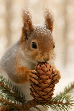 An adorable red squirrel with fluffy ears nibbling a large pine cone on a snowy branch.