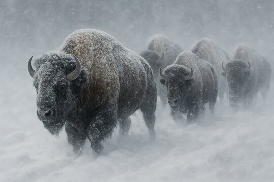 A powerful herd of bison enduring a heavy blizzard, moving through deep snow.