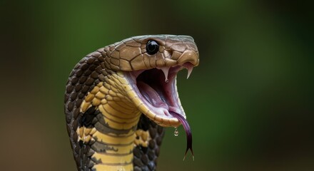 Fototapeta premium Dangerous reptile displays menacing open mouth and sharp fangs against a soft background