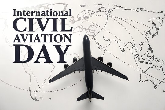International civil aviation day celebrated with a black airplane model positioned over a stylized world map symbolizing global travel and air transport
