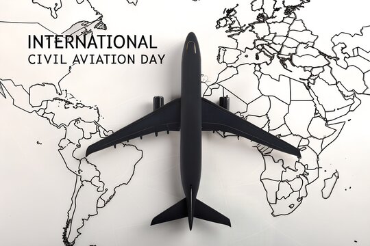 A black airplane model is positioned on a world map background with the text international civil aviation day symbolizing global travel and aviation