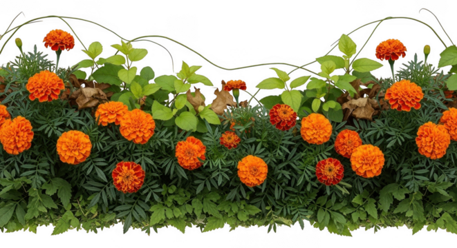 Vibrant Marigold Array: A lush and captivating display of vibrant marigold flowers, their fiery orange petals bursting with life, set against a backdrop of fresh green foliage.