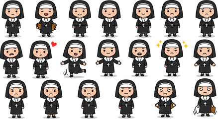 Cartoon nun emotions, expressive character, vector illustration, happy, sad, angry, surprised, love, running, sparkling, crying, thoughtful, confident