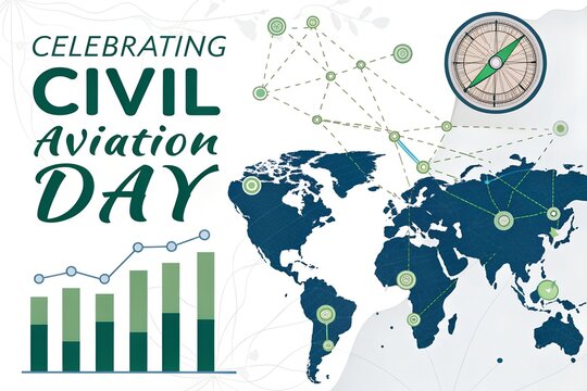 Celebrating civil aviation day with a global map compass and bar graph symbolizing air travel and its growth worldwide
