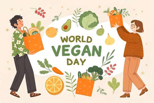 Happy world vegan day illustration featuring diverse people holding shopping bags filled with fresh fruits and vegetables celebrating a healthy plant based lifestyle and healthy eating