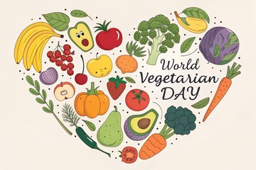 Heart shaped collage of fresh fruits and vegetables celebrating world vegetarian day with handwritten text promoting healthy eating and plant based lifestyle