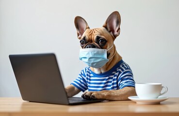 Cute french bulldog puppy works diligently on black laptop. Animal wears blue medical mask, striped shirt. Pet types on computer at light wooden desk, drinks white coffee, white background. Telework,