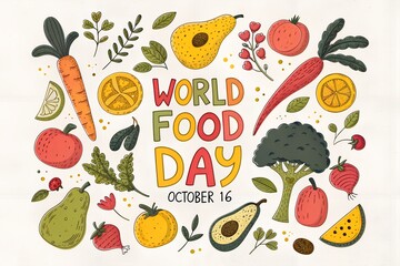 Vibrant world food day illustration with colorful fresh fruits and vegetables celebrating healthy eating and global nutrition on october 6th with hand drawn lettering