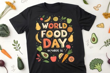 Black t shirt featuring a vibrant illustration of fruits and vegetables celebrating world food day october sixteenth with a healthy eating theme