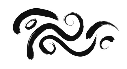 Abstract black ink brush strokes forming a dynamic, flowing pattern on a white background.