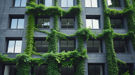 moss covered modern building facade ,architectural design with lush vertical garden and stone texture