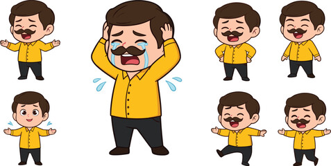 Happy cartoon man, joyful character, smiling illustration, expressive poses, cheerful vector, walking animation, fun emotion, laughing face, comic style, happiness