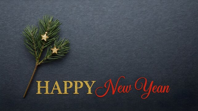 A festive new year s eve celebration with a decorated evergreen sprig and sparkling gold and red lettering against a dark textured background