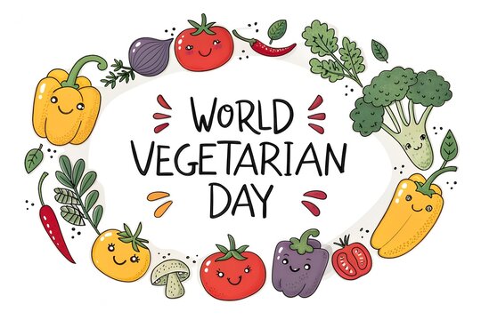 Whimsical world vegetarian day illustration featuring a colorful wreath of happy cartoon vegetables and text celebrating healthy eating and plant based diets - Powered by Adobe