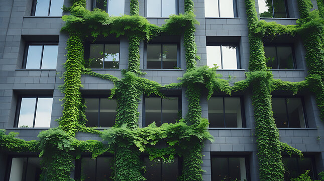 moss covered modern building facade ,architectural design with lush vertical garden and stone texture