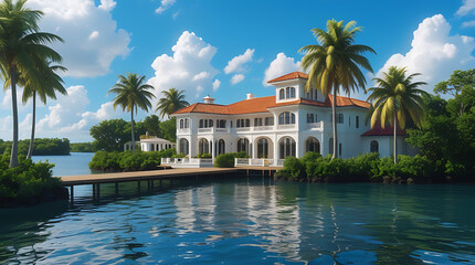 Obraz premium Luxury Waterfront Mansion with Palm Trees and Dock , Tropical Villa with White Facade, Orange Roof, and Reflections on Blue Bay Under Sunny Sky