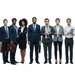 Fototapeta premium Diverse group of business professionals standing together confidently in formal attire isolated on transparent background