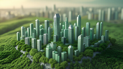 Miniature Futuristic City on Lush Green Forest, Eco  friendly Urban Landscape with Modern Skyscrapers and Sustainable Architecture