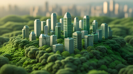 Miniature Futuristic City on Lush Green Forest, Eco  friendly Urban Landscape with Modern Skyscrapers and Sustainable Architecture