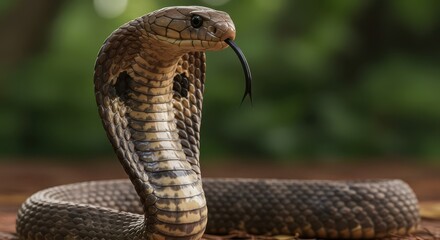 Fototapeta premium Reptile with raised hood and flicking forked tongue displays a defensive posture outdoors