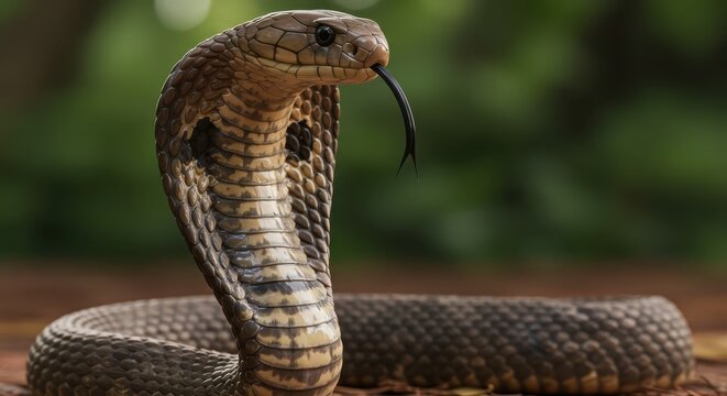 Reptile with raised hood and flicking forked tongue displays a defensive posture outdoors