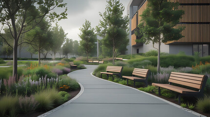 Urban Park with Wooden Benches and Greenery, Curved Pathway, Contemporary Architecture, and Serene Landscape Design