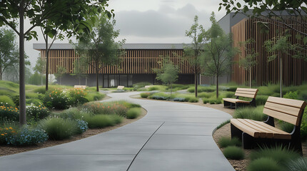 Urban Park with Wooden Benches and Greenery, Curved Pathway, Contemporary Architecture, and Serene Landscape Design