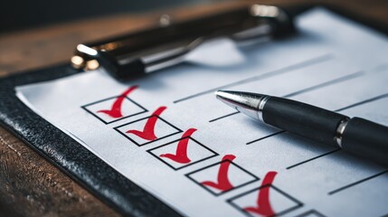 A Close-Up of a Clipboard with Completed Checkmarks and a Pen Ready to Mark Additional Tasks or Reminders on a Wooden Table Surface