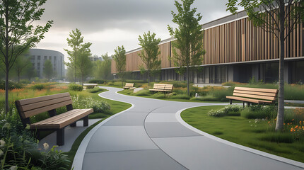 Urban Park with Wooden Benches and Greenery, Curved Pathway, Contemporary Architecture, and Serene Landscape Design