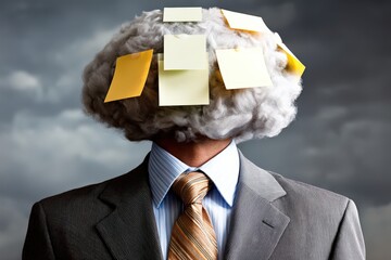 Businessman with cloud-like hair adorned with sticky notes embodying overwhelming stress and chaotic thoughts in the modern corporate landscape reflecting cognitive overload and mental clutter