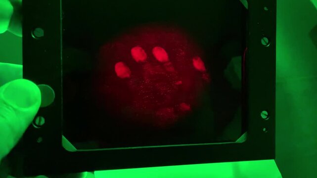 Scientist checking a luminescent handprint on a phosphorescent screen