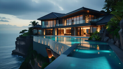 Modern Luxury Cliffside House with Infinity Pool Overlooking Ocean,Contemporary Architecture, Glass Facade, Tropical Landscape at Sunset