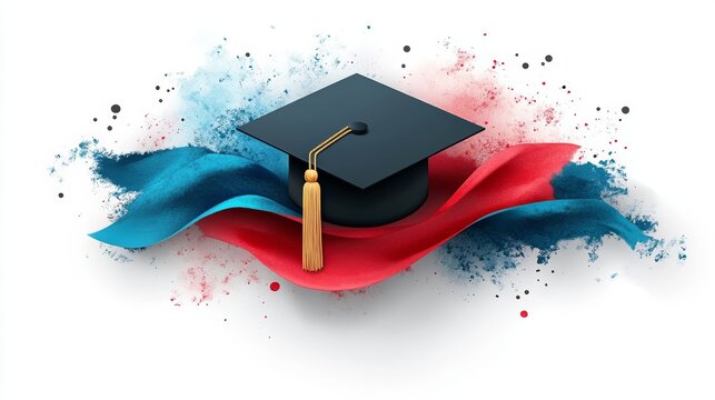 Graduation emblem sticker on bright white background with abstract chaotic elements and decorative patterns for diploma celebration honour academic achievement