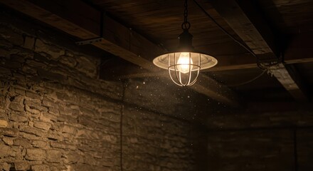 Illuminated bare bulb fixture hangs from a dark wooden ceiling near a rough stone wall, revealing floating dust particles.