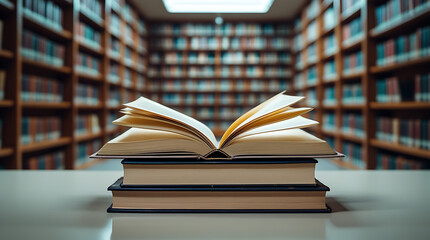 open book pages on a library wooden table,bookshelf behind with stack of books