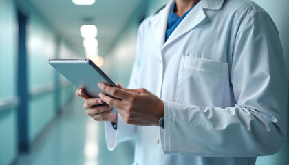 Unrecognizable medic in lab coat uses tablet in hospital hallway. Doctor views patient electronic health record. Medical pro consults clinical data online with modern tech for diagnosis.