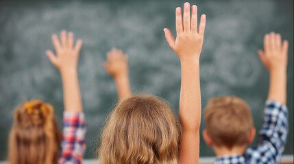 Group of cheerful elementary school children raising hands to answer a teacher question in a bright classroom environment