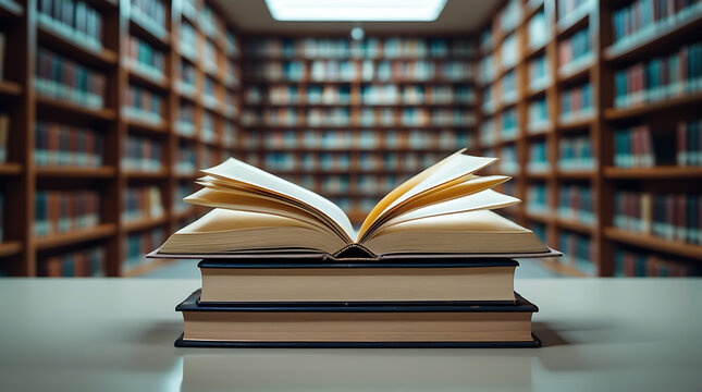 open book pages on a library wooden table,bookshelf behind with stack of books