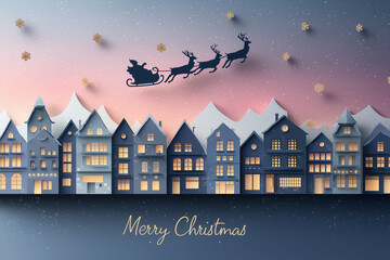Fototapeta premium Magical christmas night with santa sleigh and reindeer flying over city, festive holiday scene 
