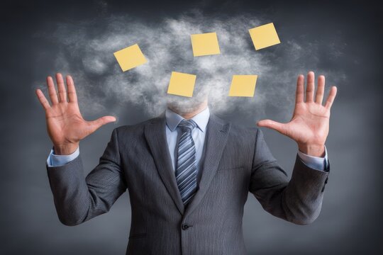 Professional man in business attire with a faceless expression and Post-it notes representing ideas and creativity surrounded by ethereal smoke illustrating cognitive ambiguity and inspiration