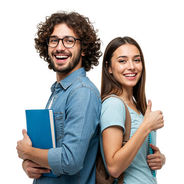Happy young man and woman students holding books and giving thumbs up isolated on transparent background