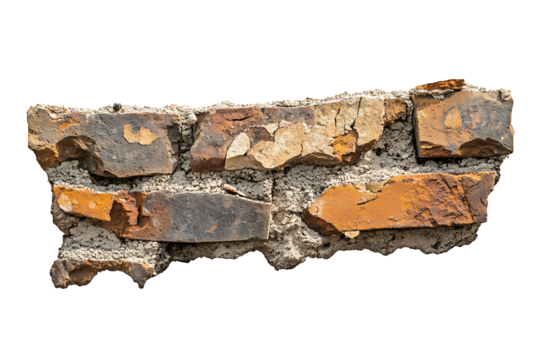 Fragment of an old, weathered brick wall with exposed mortar and chipped, rustic bricks isolated on transparent background - Powered by Adobe