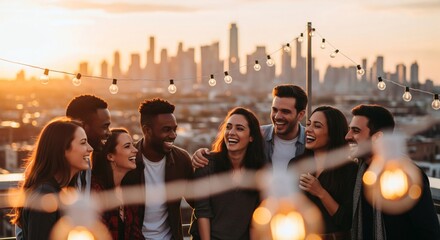 Joyful multiethnic friends gathered on a city rooftop, sharing a laugh during a beautiful golden hour sunset celebration with string lights