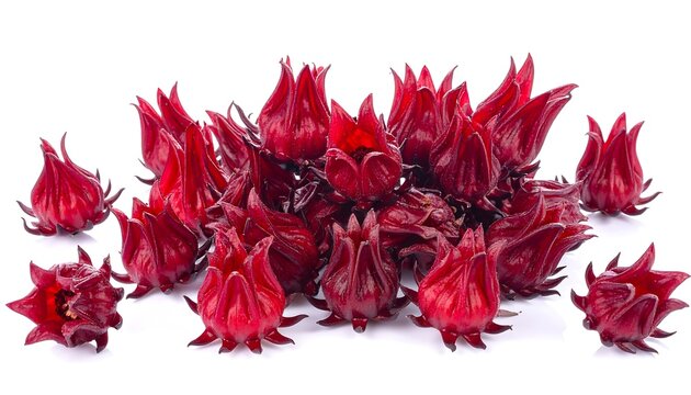 Close-up of vibrant red, edible roselle flowers against a stark white backdrop