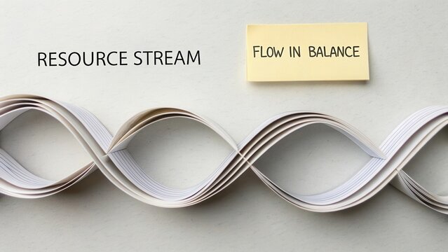 Dynamic Concept of Resource Stream with a Balanced Flow Illustrated by Paper Waves and Sticky Notes in a Modern Workspace