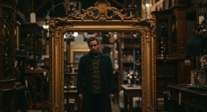 Ornate gold framed looking glass reflects a man standing amidst crowded antique furnishings