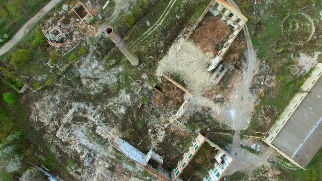 Aerial view of a destroyed factory. Remains of buildings 04