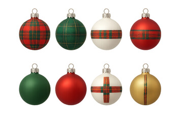 Variety of colorful Christmas ornaments in different designs and colors arranged in a neat row for holiday decoration
