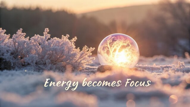 Frosty landscape with glass orb reflecting a tree and sunset light in a serene winter environment - Powered by Adobe