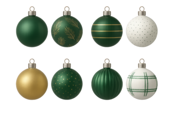 Beautiful collection of green and gold holiday ornaments displayed together for festive decoration ideas